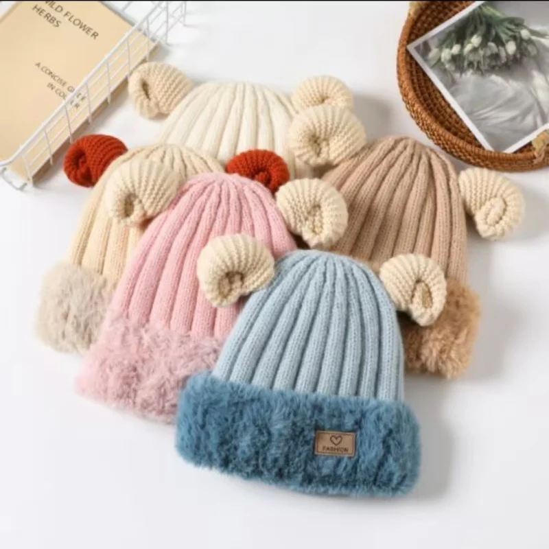 Winter Cute Double Horn Children's Ear Protective Hat Boys and Girl Baby Knitted Hat Thick Warm Plush Winter Hat