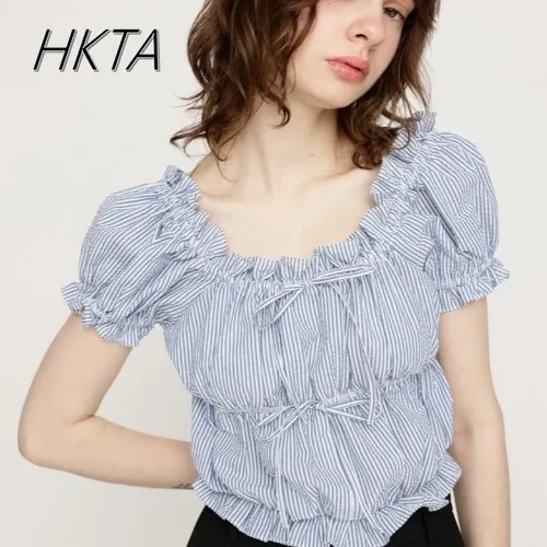 

Japanese Style U Neck Bubble Short Sleeve Loose Beige Short Tshirt Blusa Women Mine Sweet Cute Bow Pleated T Shirt Tops Female