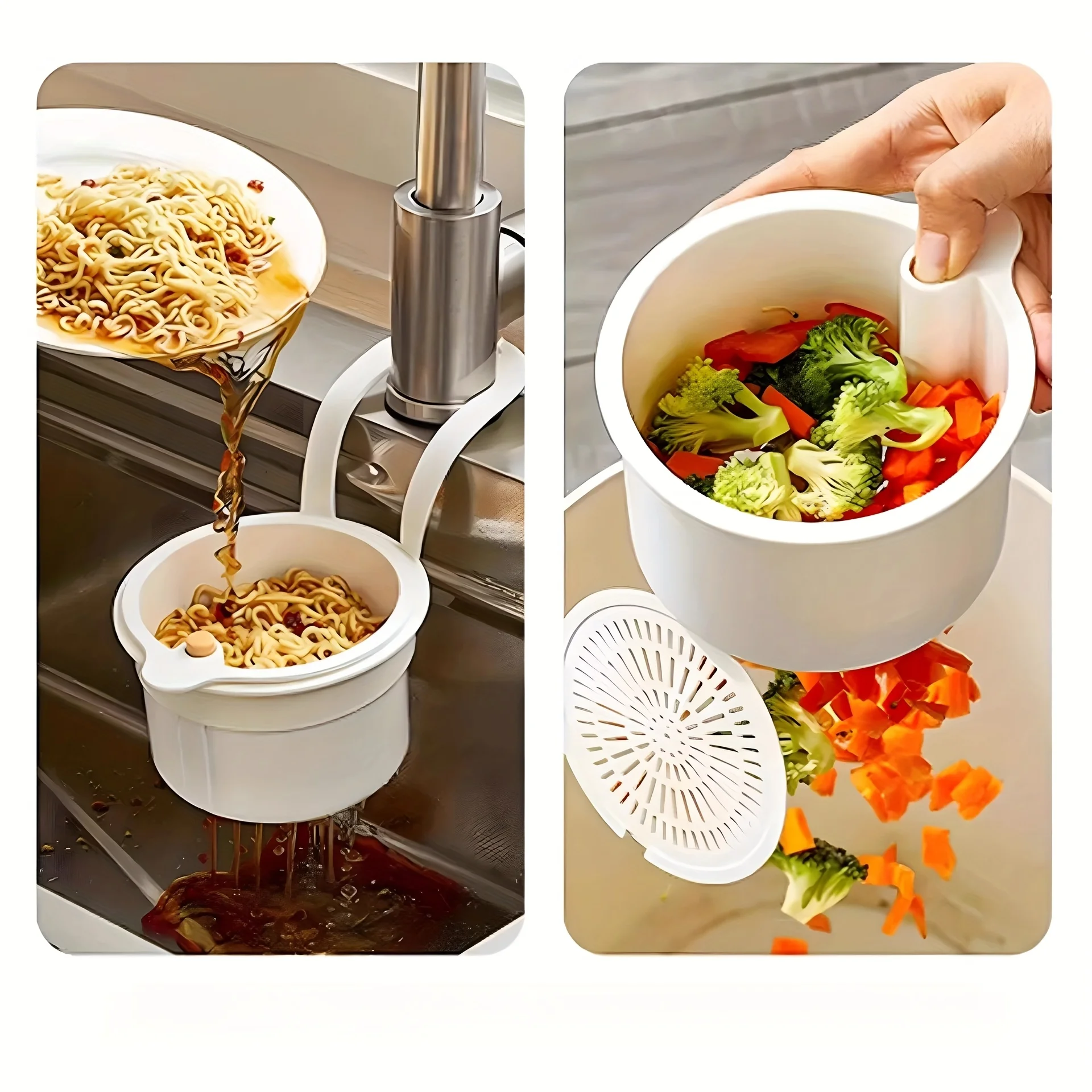 Hanging Sink Basket with Button Drain Split Filter - 1 -Second Install for Kitchen Bathroom Space Saving Durable Plastic Storage