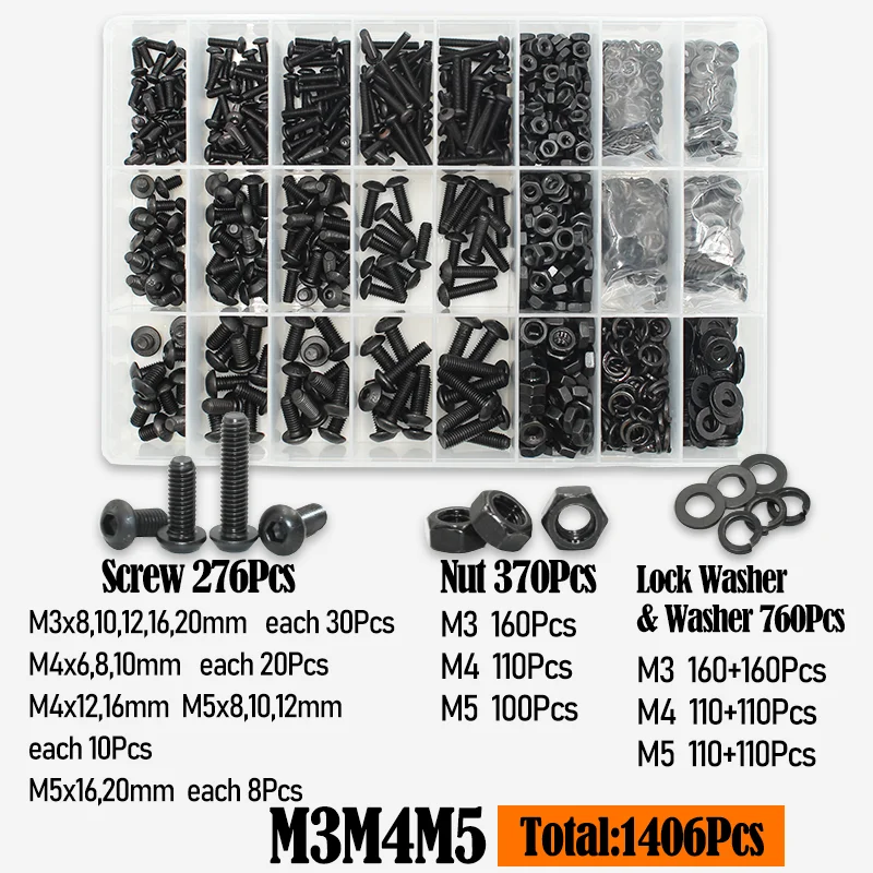 2510-teiliges Rundkopfschrauben-Set M2 M2.5 M3 M4 M5 M6 Schwarz 10.9 Güte Innensechskant-Kopfschrauben Bolzen Muttern Unterlegscheiben ISO7380