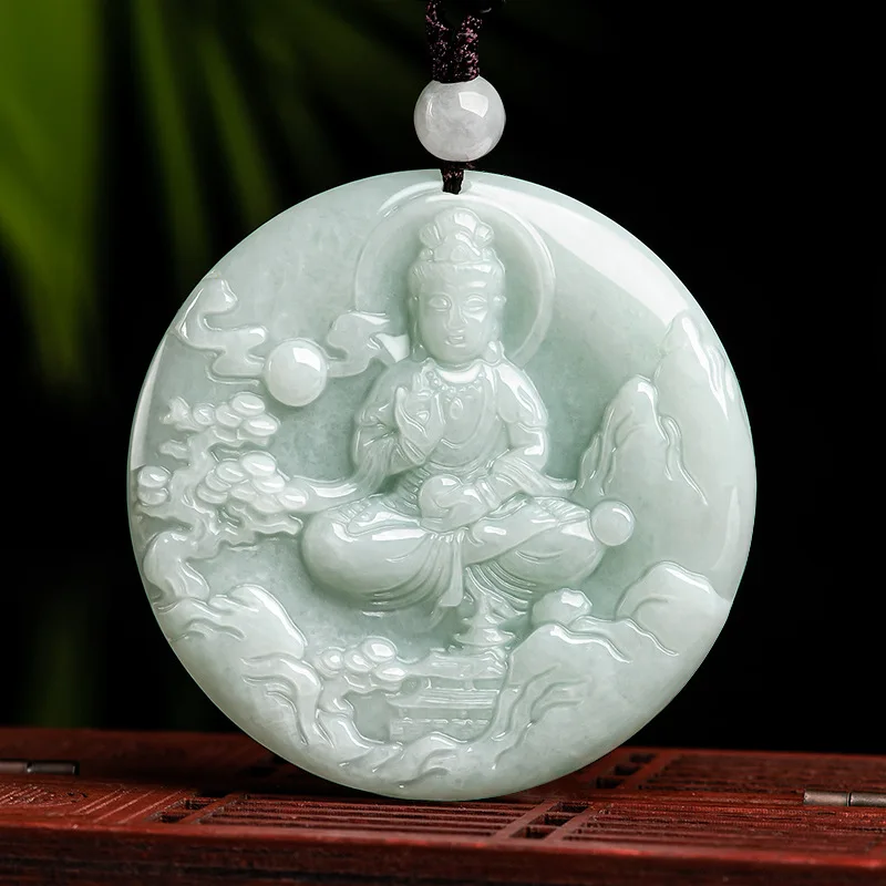 Natural Myanmar Jadeite Landscape Avalokitesvara Waxy Men's Necklace Women's Jade Pendant