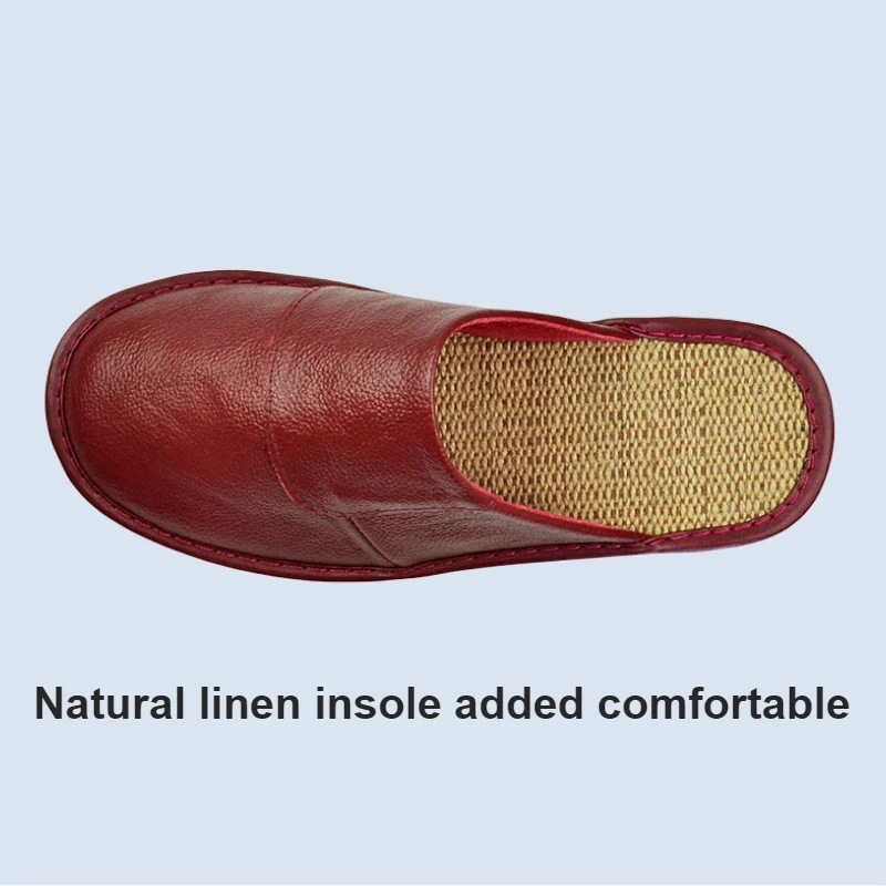 Genuine Cow Leather Linen Slippers Homes in indoor slipper Spring Autumn men women elderly non-slip casual single Slides shoes