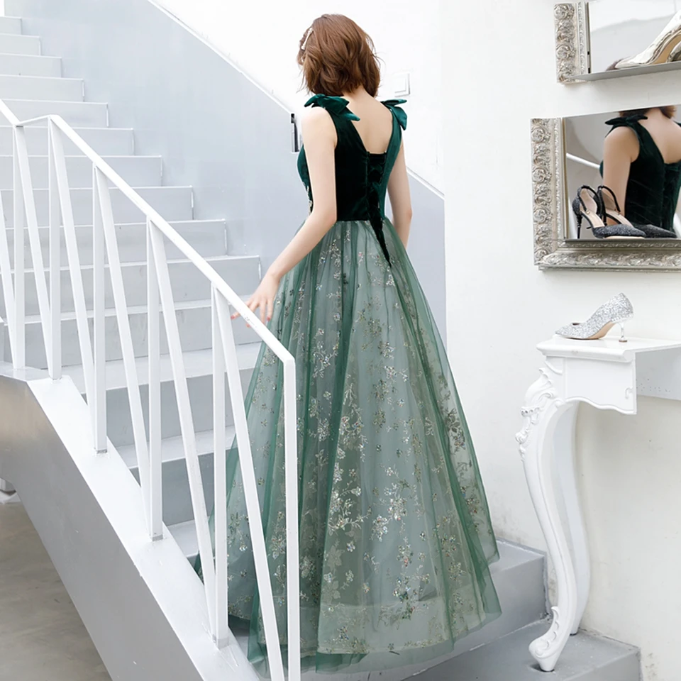 Elegante velluto verde A-Line oro tulle applicazioni senza spalline con fiocco abiti da sera principessa banchetto festa abito da ballo 2022