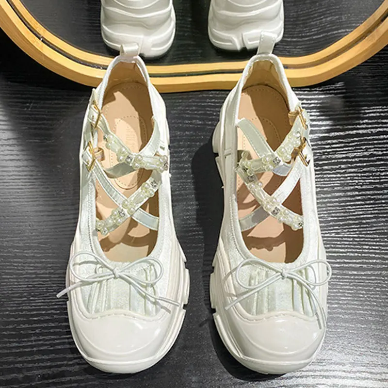 

Size 35-43 Spring And Autumn Women's Satin Low Heels Korean Style Pearl Chain Party And Work Wear Mary Jane Flats Ladies Shoes