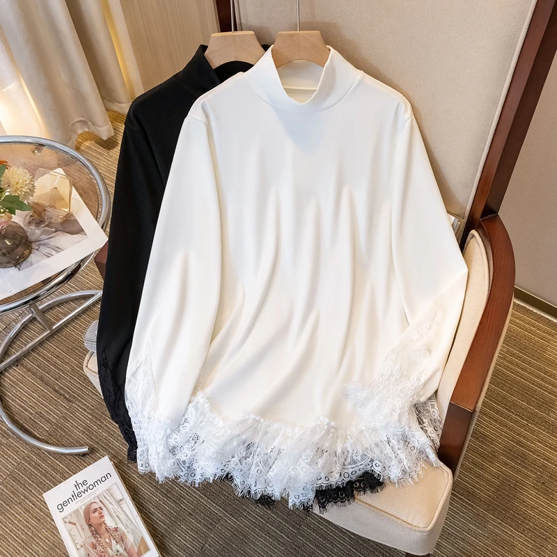 Women Basics Long Flare Sleeves Elegant Turtleneck Chic Lace Spliced Loose T-shirts French Autumn Winter Plus Size Clothing