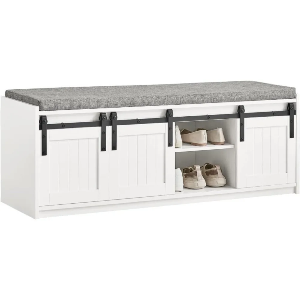 White Rustic Style Storage Bench with Sliding Barn Doors & Padded Seat Cushion, Hallway, Shoe Cabinet, Window