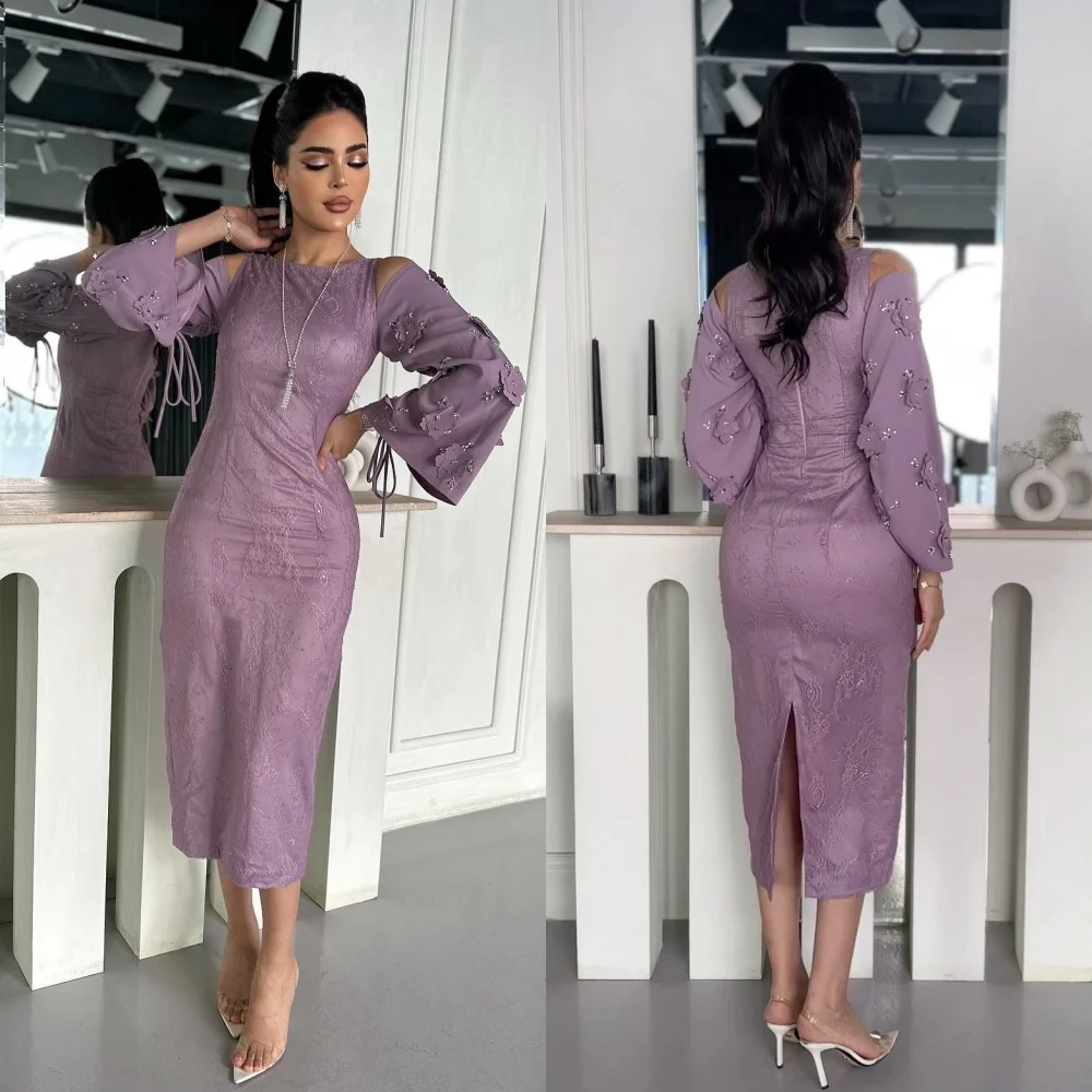 

Customized Sparkle High Quality Exquisite Jersey Applique Pleat Ruffles Celebrity A-line O-Neck Bespoke Occasion Gown Midi Dress