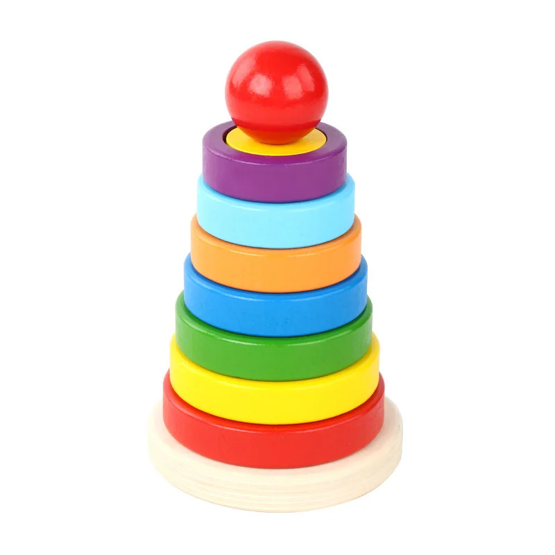 Wooden Geometric Round Stacking Montessori Toys Building Blocks Early Education Montessori 3D Puzzle Shape Rainbow Toys