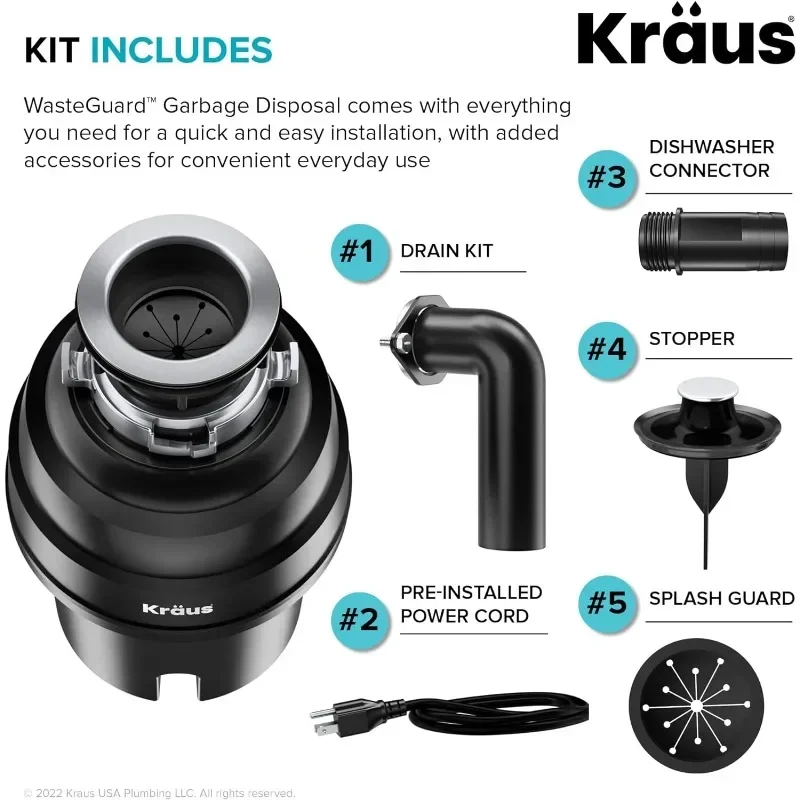 Kraus KWD100-100MBL WasteGuard Smaltimento rifiuti ad avanzamento continuo da 1 HP con motore ultra silenzioso per lavelli da cucina