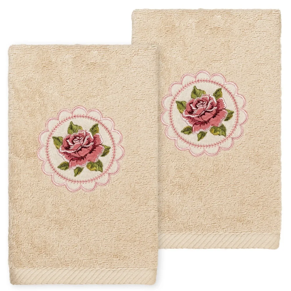 

2 Pieces Embroidery Cotton Hand Towels, 16 x 30, Beige