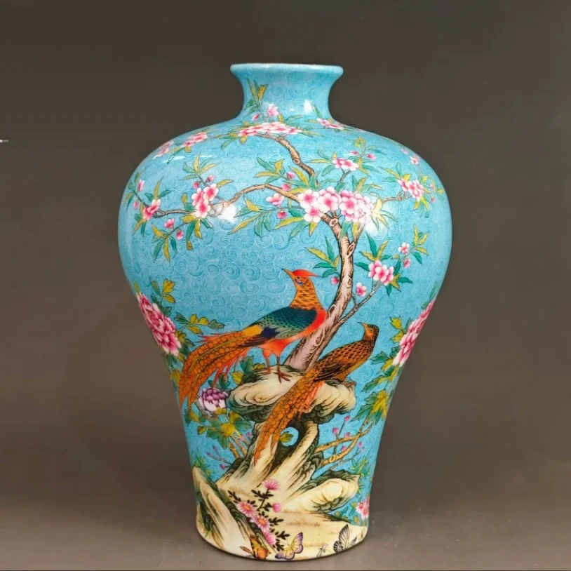 Qianlong Official Kiln Marked Light Blue Powdered Color "Jintang Fugui" Flower and Bird Pattern Plum Vase - Fine Chinese Retro V