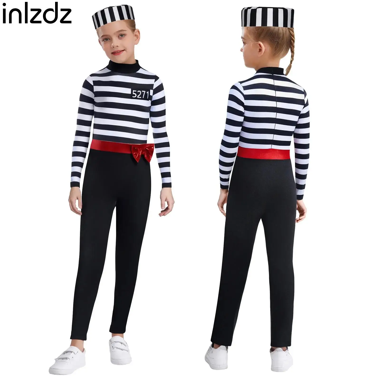 

Girls Halloween Jailbird Inmate Costume Prisoner Cosplay Outfit Uniform Long Sleeve Stripes Jumpsuit+Prisoner Hat 2-piece Sets