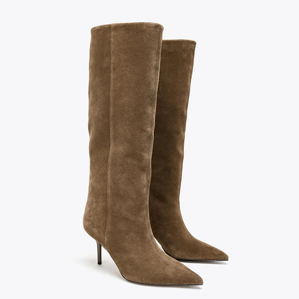 

FWRD Women's Brown Suede Pointed Toe Stiletto Knee High Boots, Elegant & Comfortable for Autumn Winter #FWRD000361
