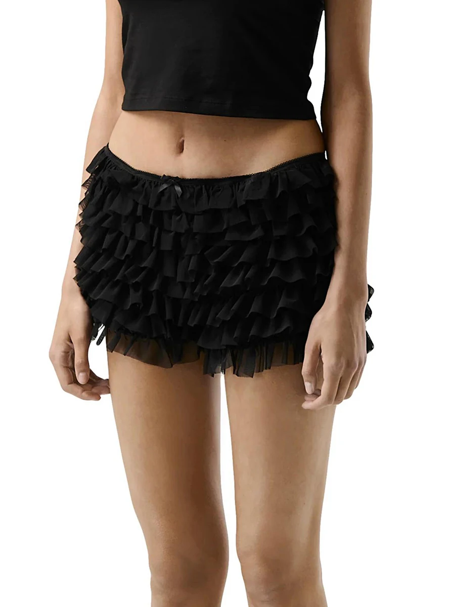 Womens Solid Color Shorts Tiered Ruffled Bow Elastic Waistband Summer Leisure Lounge Short Pants