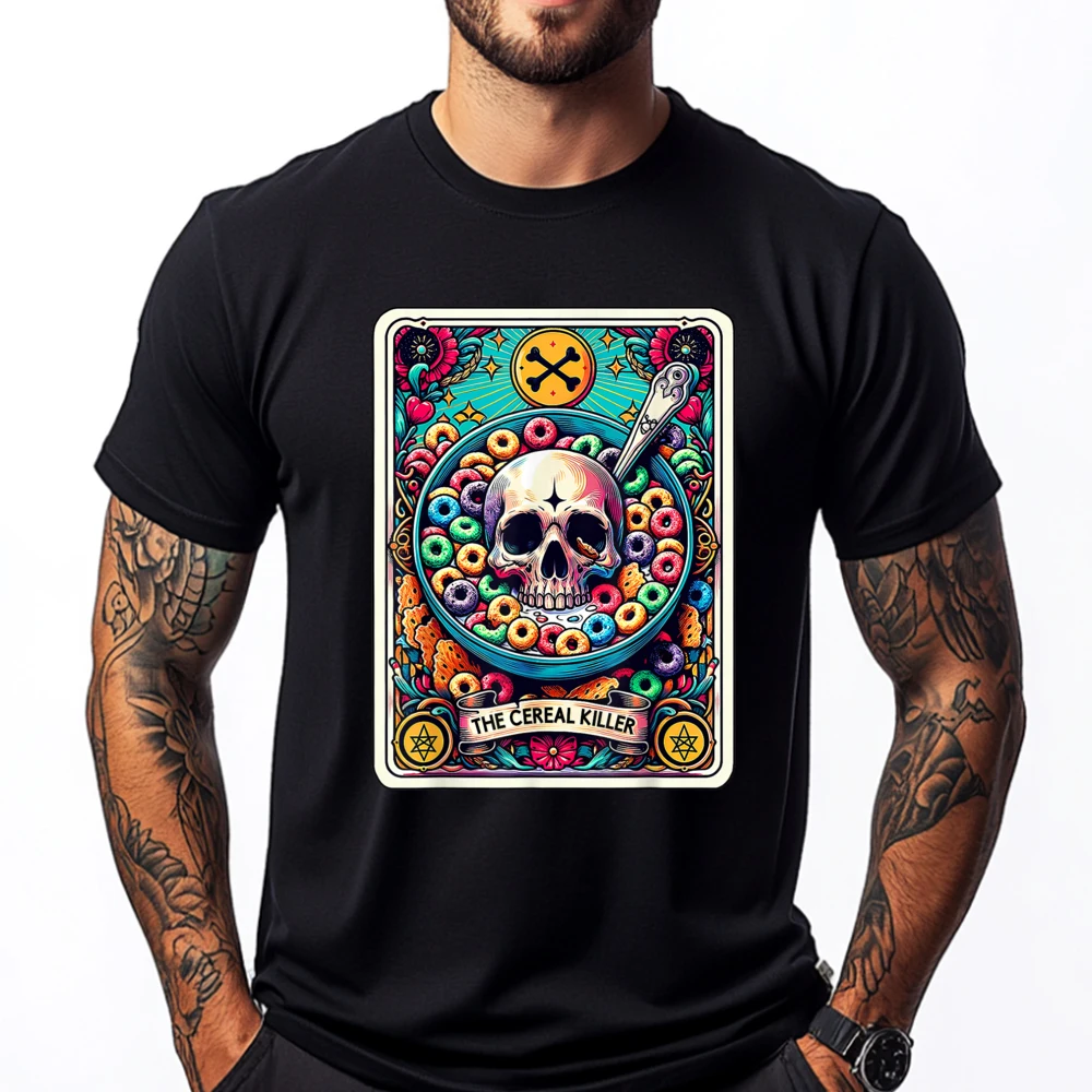 

The Cereal Killer Funny Tarot Card Vintage T Shirts Halloween Loose