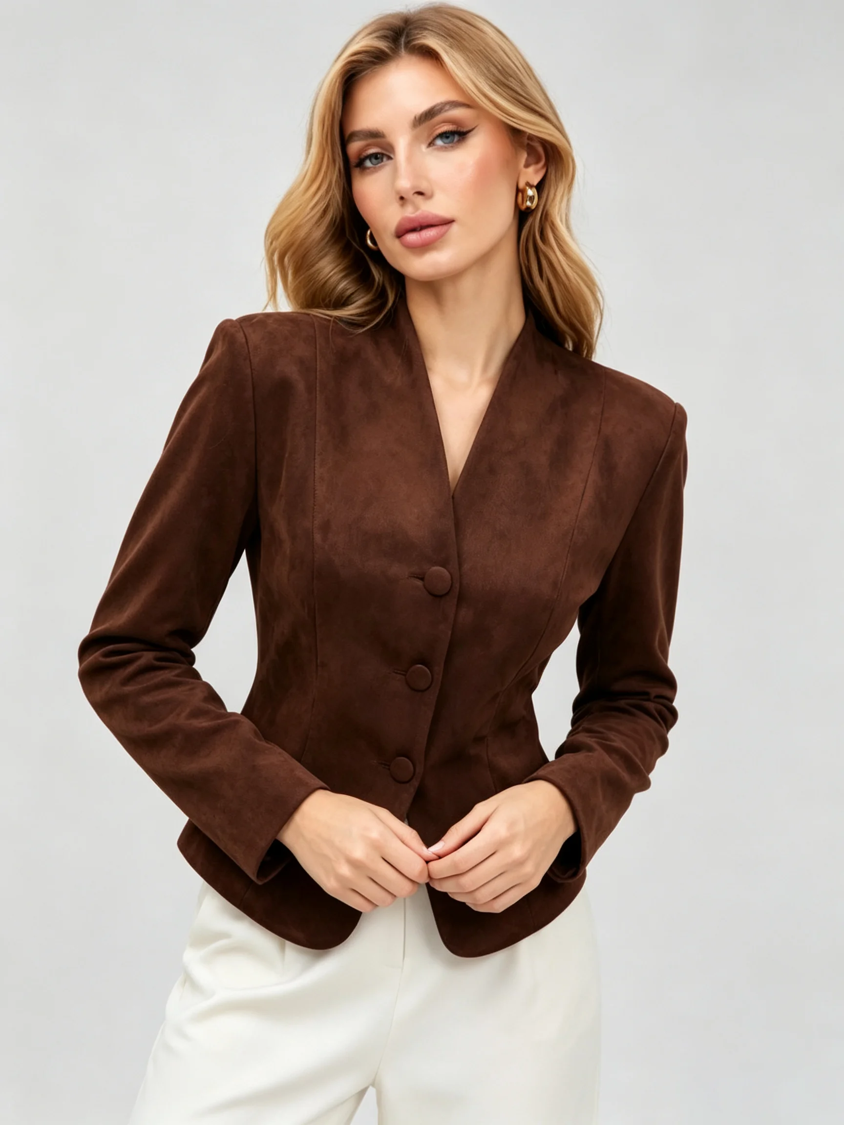 LIMO Women V Neck Faux Suede Blazer Shoulder Pad Single Breasted Slim Waist Short Jacket