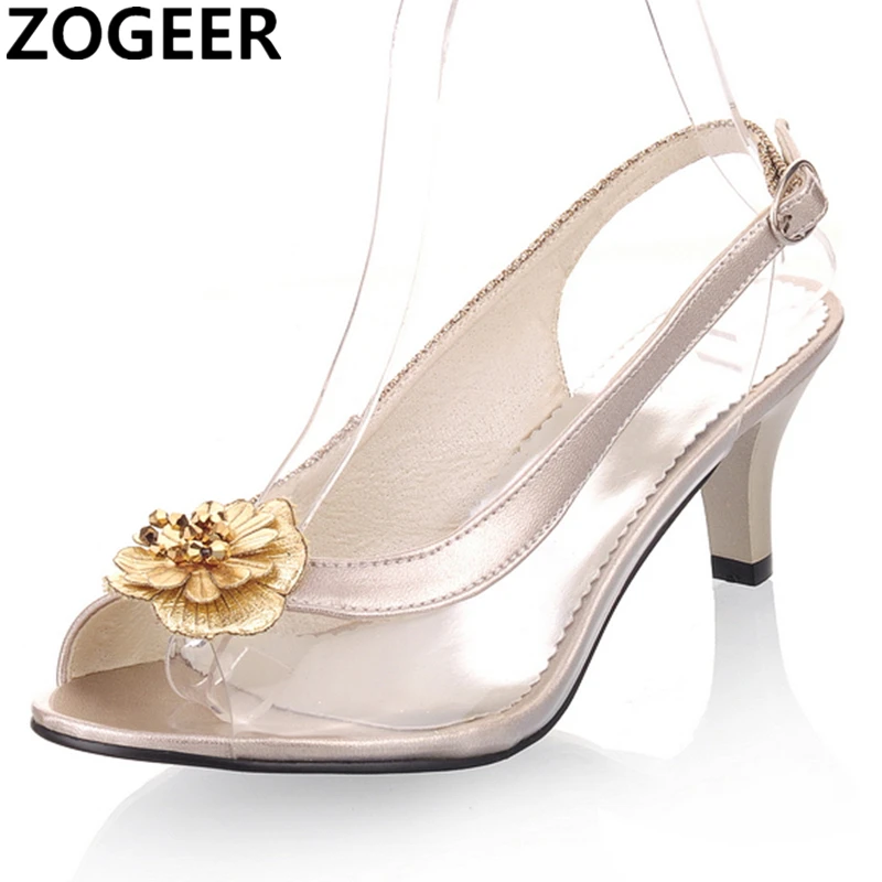 PVC Transparent Summer Sandals Women Fashion Sweet Flower Casual Medium Heels Flip Flops Open Toe Silver Gold Summer Shoe Female view 4