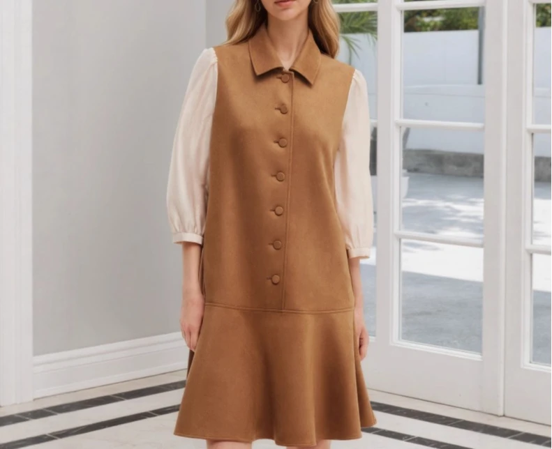 

Fashionable and Elegant Girls in Autumn Suede Yarn To Make Them Look Slim and Short Seven-point Puff Sleeve Waist-hugging Dress