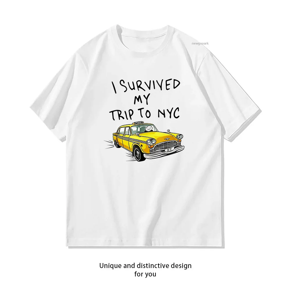 Camiseta 'Eu Sobrevivi à Minha Viagem a NYC' com Estampa de Táxi Amarelo de Nova York, Camisetas Gráficas de Algodão para Mulheres e Homens, Tops O-ne