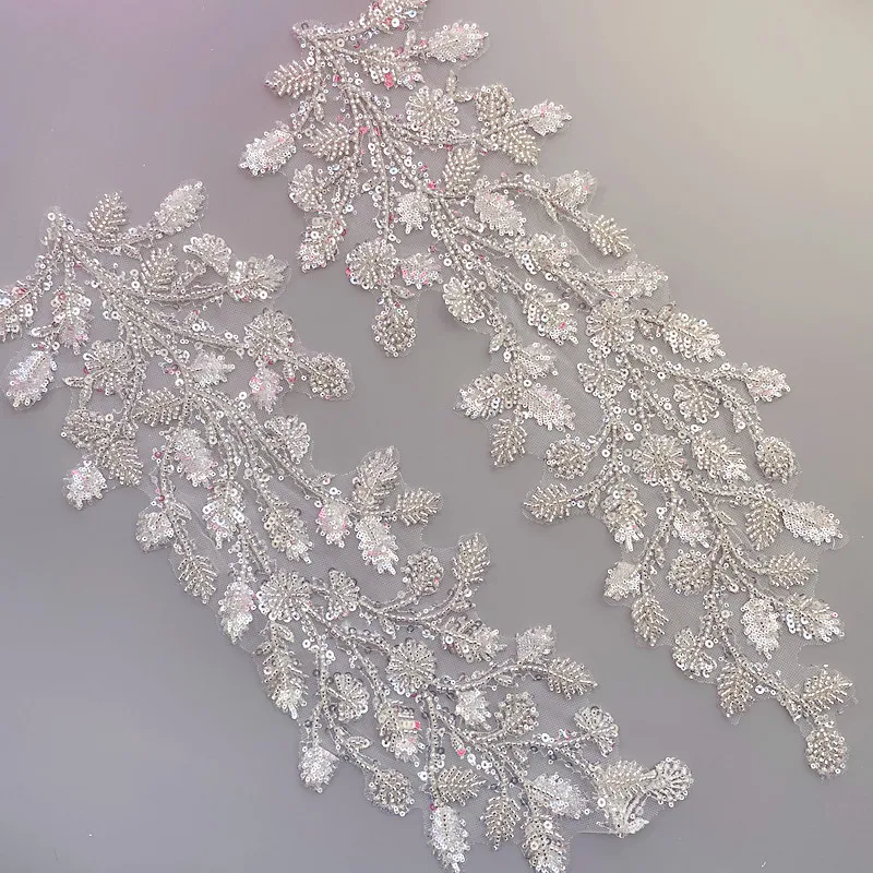 Silver Beaded Sequins, 3D Decals, Mirror Flower Lace, Evening Dress, Front Chest, Decoration Accessories, RS3070, 15x44cm