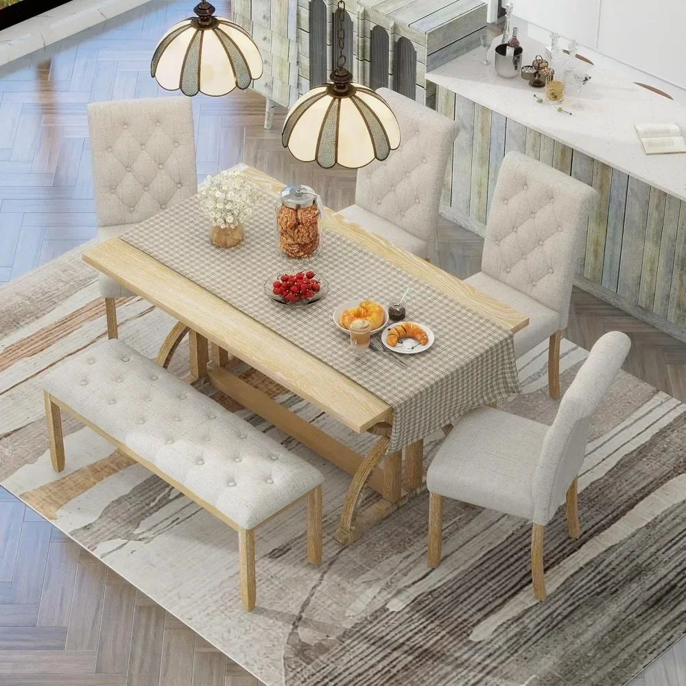 

6 Pieces Wood Dining Table Set with Bench, Retro Rectangular Table with Unique Legs and 4 Upholstered Chairs, Dining Room Sets