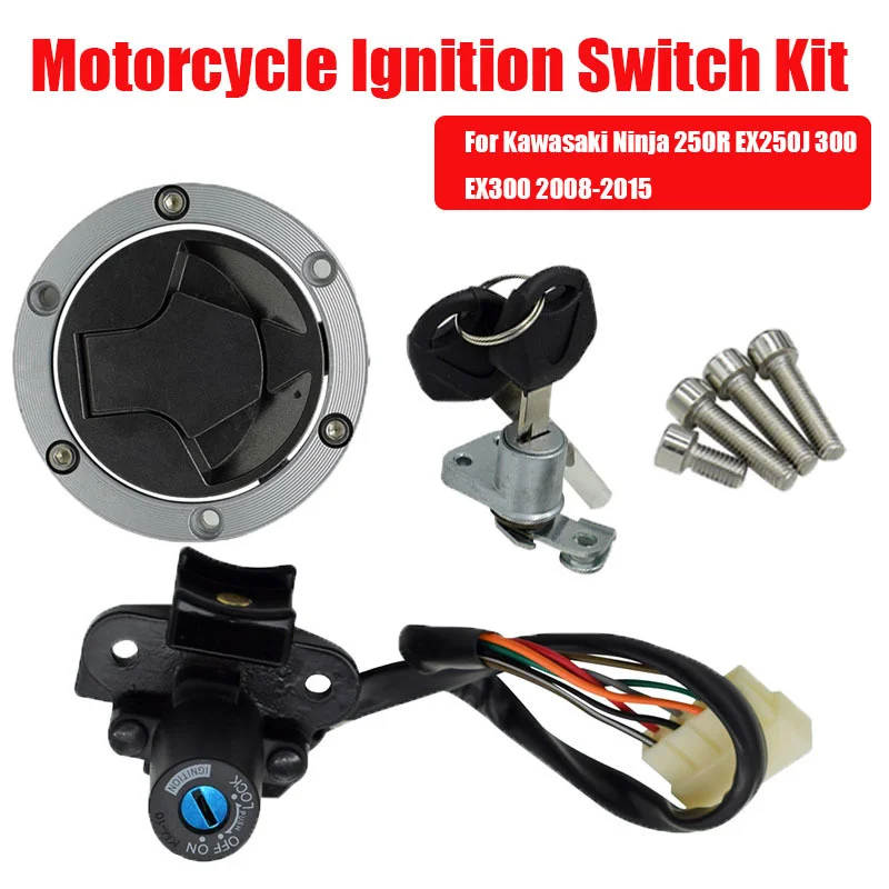 

Motorcycle Ignition Switch Kit Assembly Fuel Gas Cap Tank Cover With 2 Keys For Kawasaki Ninja 250R EX250J 300 EX300 2008-2015