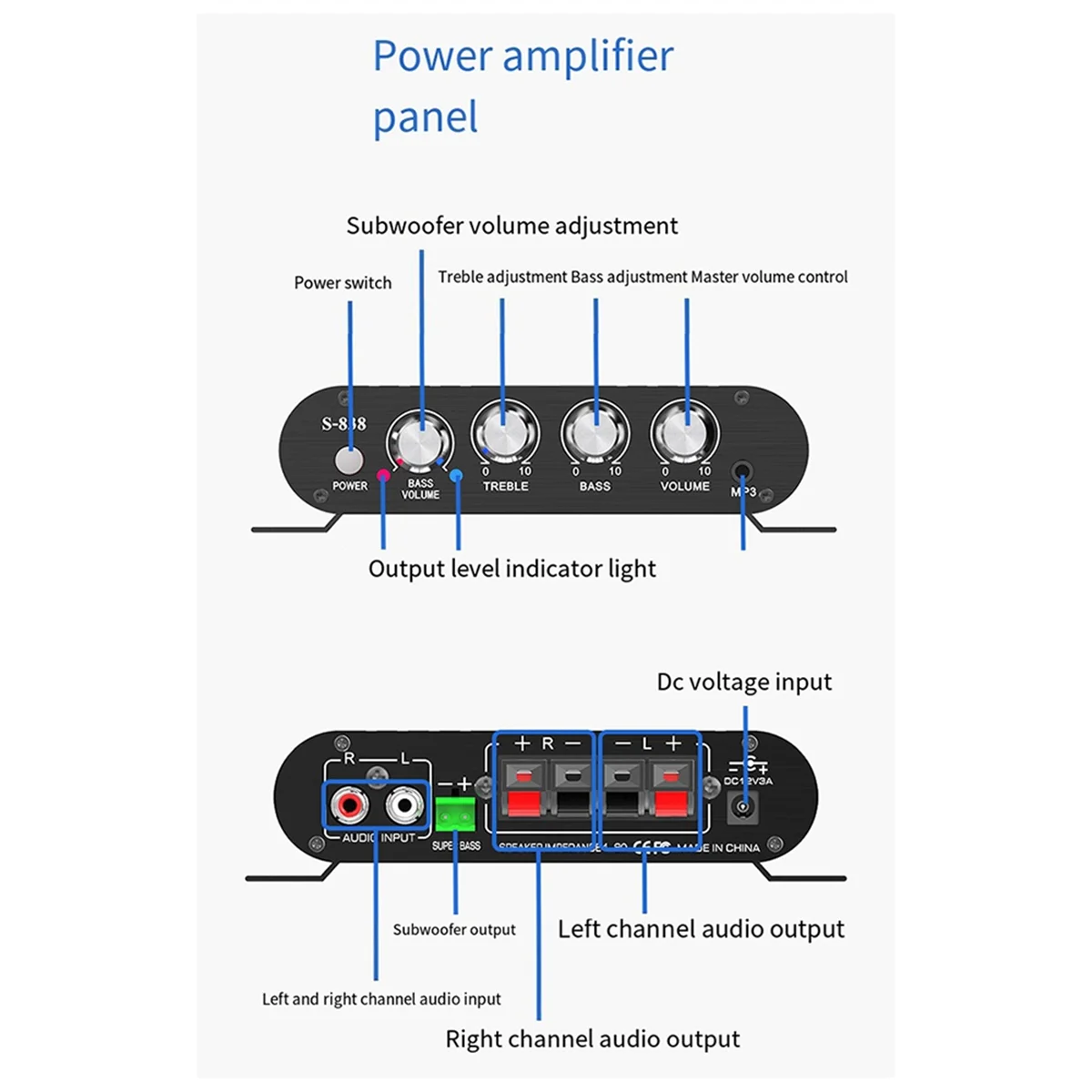A51I Auto-Partner S-838 Amplificatore di potenza audio 2.1CH, amplificatore audio digitale stereo RMS 30WX2+40WX1 Classe D con uscita subwoofer
