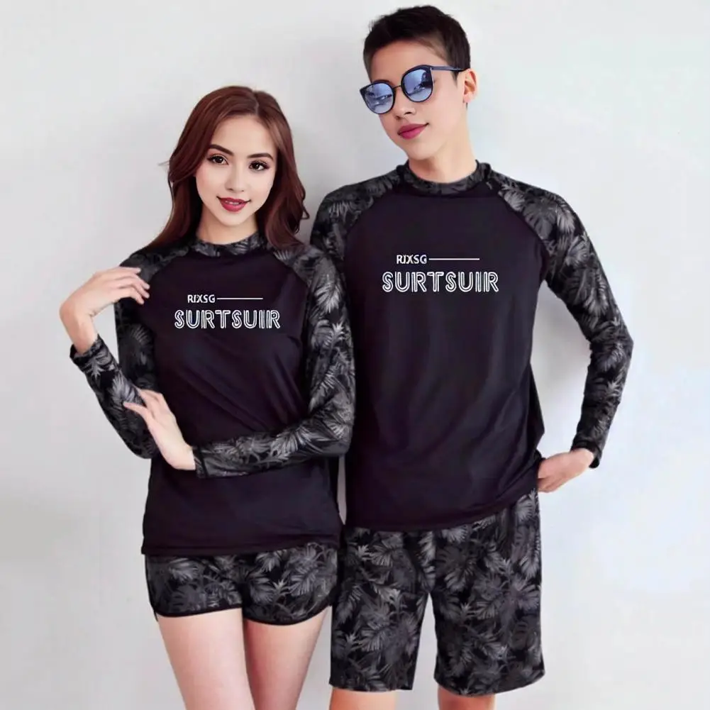 

2 Pcs Couple Sport Swimsuit Breathable Leaf Print Long Sleeves Couple Surfing Clothes Diving Bathing Suit Water Sport Swimwear