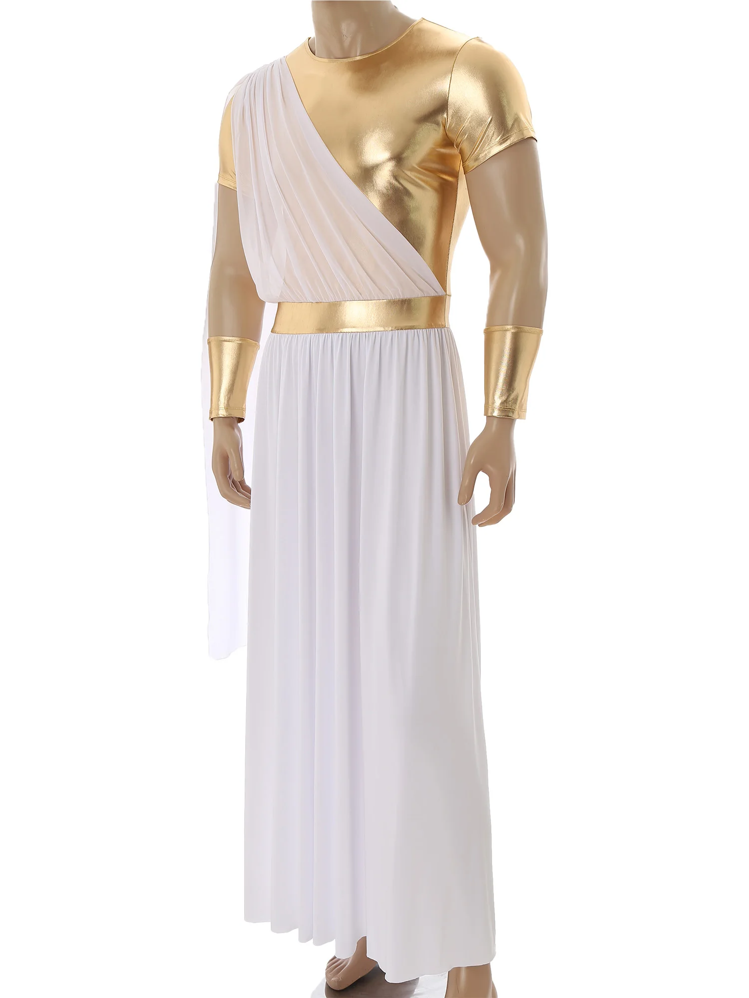 Mens Cosplay Ancient Greek Toga with Gloves Short Sleeve Metallic Patchwork Robe with Wristband Pullover Tunic Halloween Party