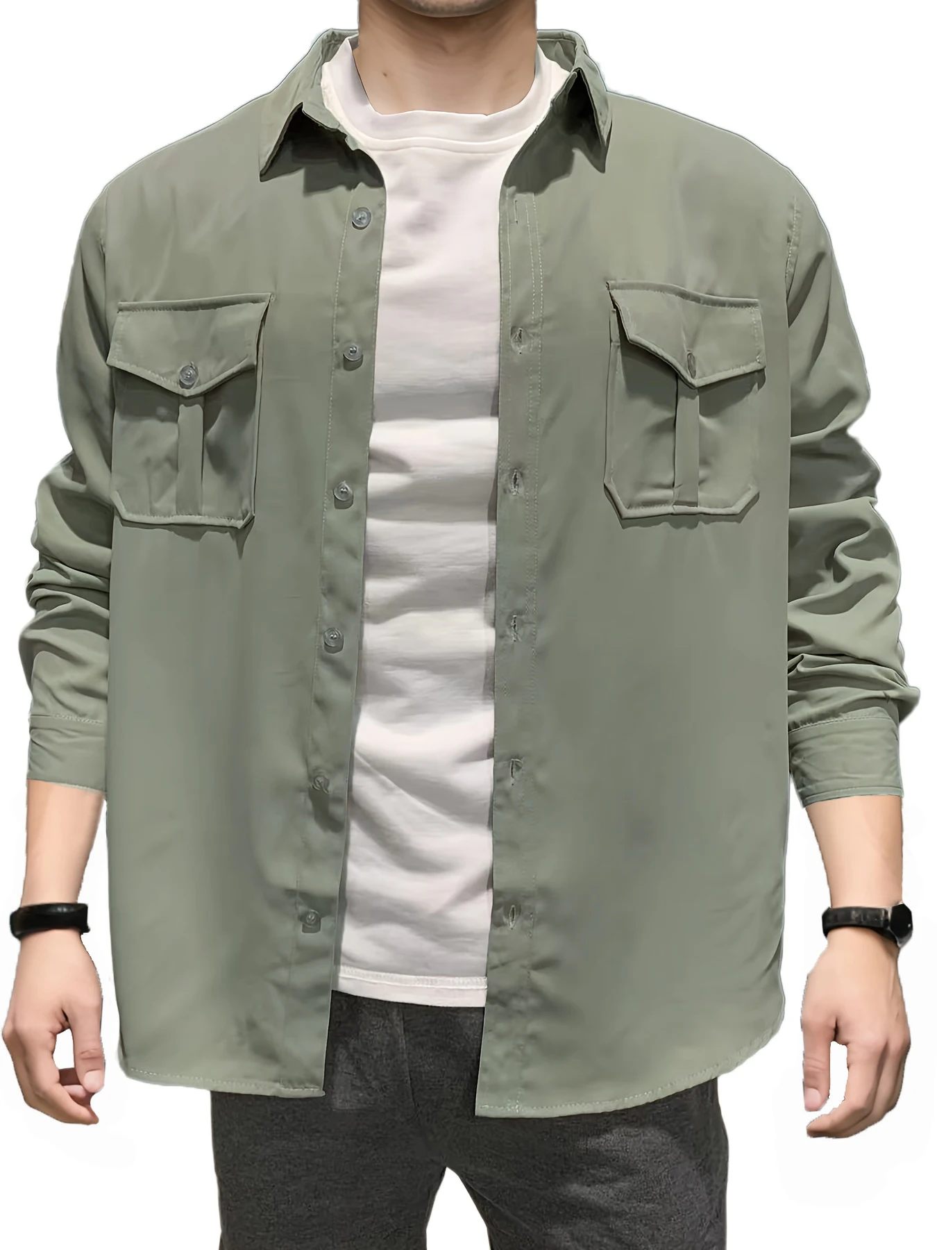 Spring/Summer European and American Men\'s Shirts with Multiple Pockets, Casual Slim Fit, Long sleeved Workwear Top