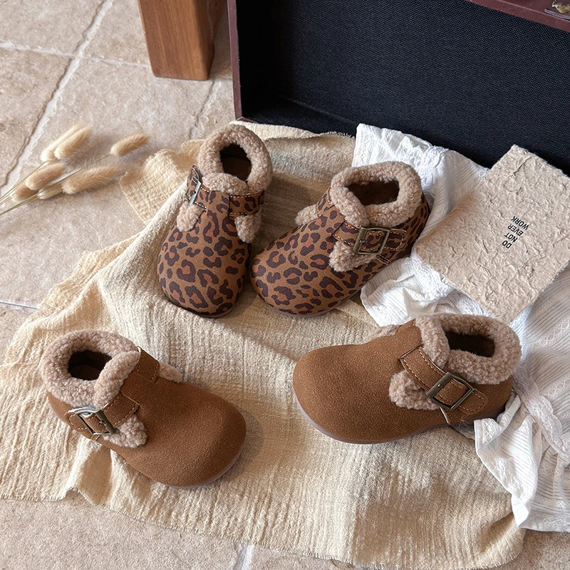 Toddler Girls Warm-lined Leather Shoes 2026 New Winter Kids Animal Print Loafers Non-slip Simple Classic Kids School Footwear