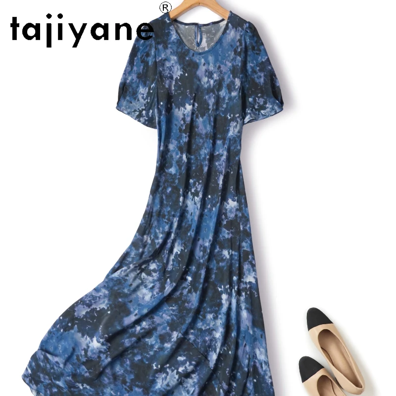 

Tajiyane 100% Mulberry Silk Fashionable Retro Mysterious Starry Sky Blue Printed Short Sleeved Silk Women Dress Пляжное Платье