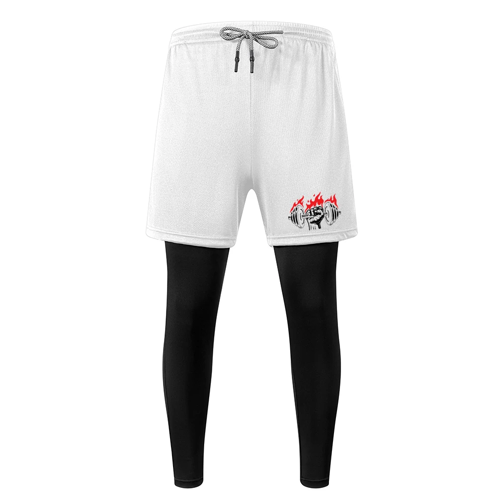 Men's Flame Dumbbell Print Double Layer Sports Trousers Quick Drying Running Training Pants Suitable For Fitness And Cycling