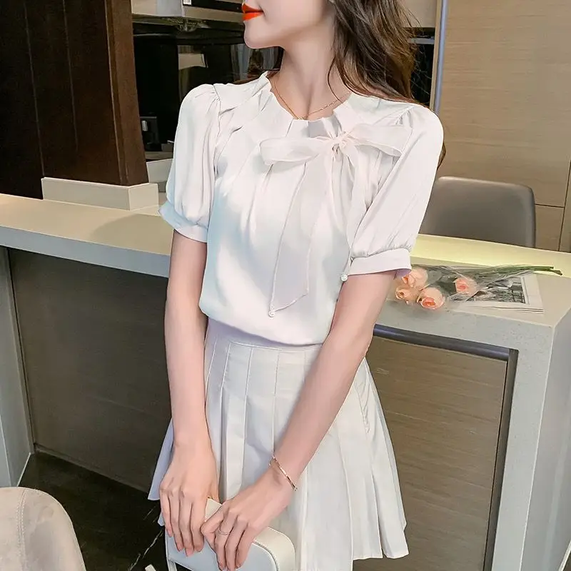 

2024 New Slim Women's Clothing Patchwork Bow Tops Solid Color Ladies O-neck Pullovers Fashion Interior Lapping Summer T-Shirts