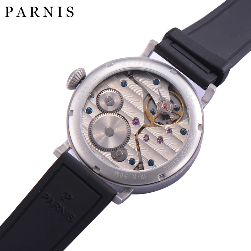 Fashion Parnis 46mm Silver Case Mechanical Watches Hand Wind Men Wristwatch Leather Strap mechanische uhren 2024 Man Gift Clock