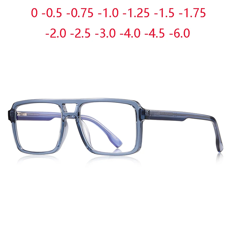 Transparente, blau gerahmte, quadratische Kurzsichtbrille für Herren, optische Doppelstrahlbrille mit Sehstärke 0 -0,5 -0,75 bis -6,0