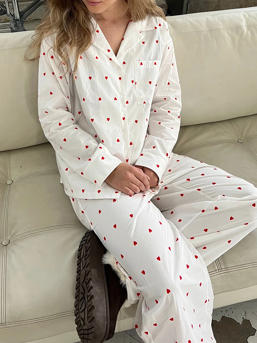 Women 2-Piece Pajama Set Long Sleeved Lapel Button Up Shirt Floral/Heart-Shaped Printed Long Pants Long Sleeved Casual Home Set