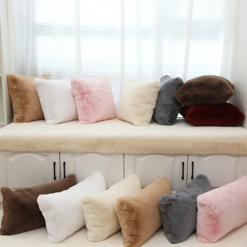 

Soft Plush Rabbit Fur Pillow Home Faux Fur Fleece Square Decorative Throw Pillow Cover For 2019 Christmas