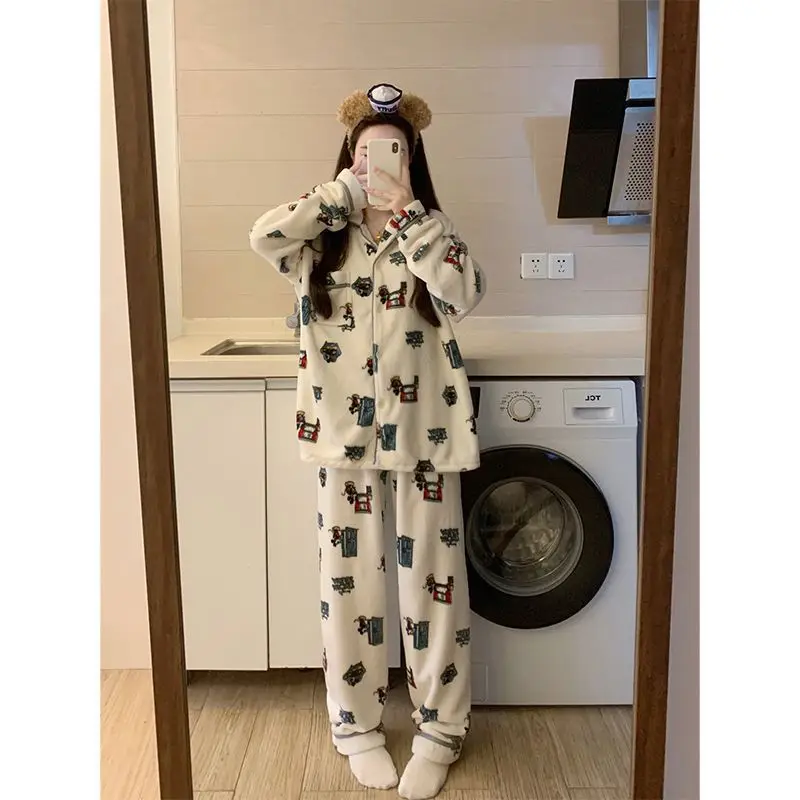 Popular  Women Pajamas Set Winter Warm Coral Fleece Flannel Sleepwear Long Sleeve Homewear Loungewear Cozy Home Outfit