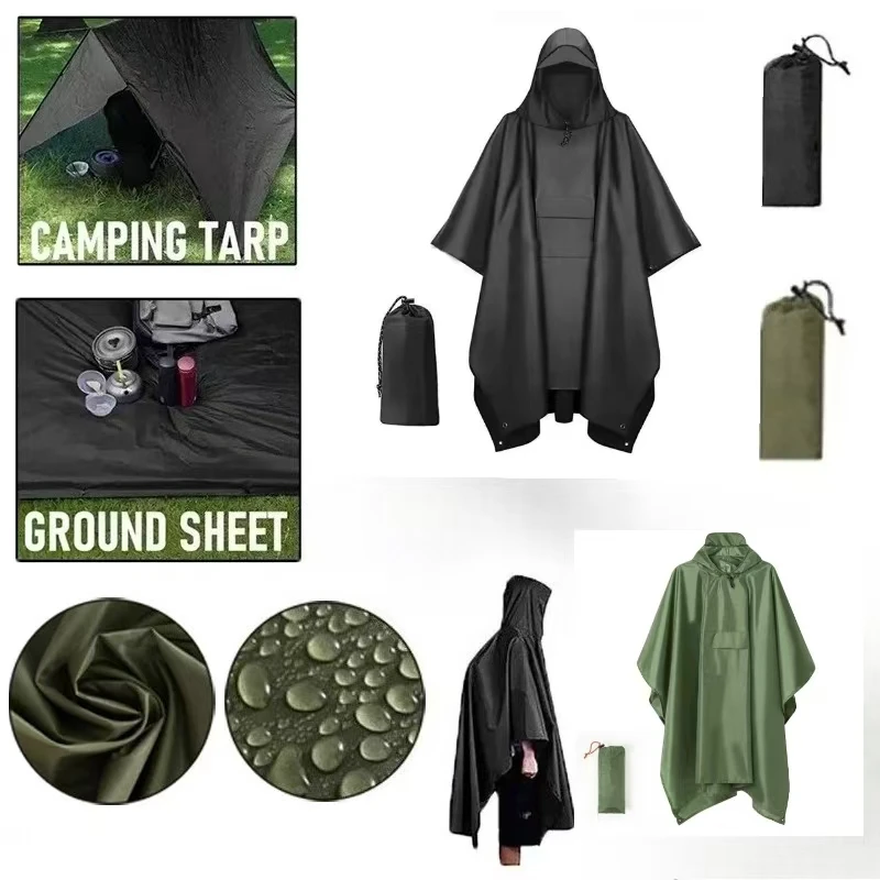 

New Outdoor Military Raincoat with Pocket Hooded Sleeve Waterproof Rain Poncho Motorcycle Rain Cover Camping Hiking Travel