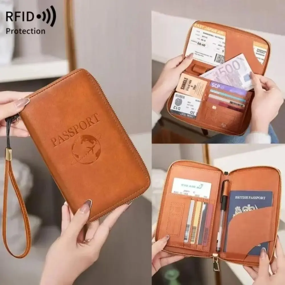 RFID Blocking Passport Case PU Leather Zipper Credit Card Passport Bag Solid Color Travel Accessories Document Storage Bag