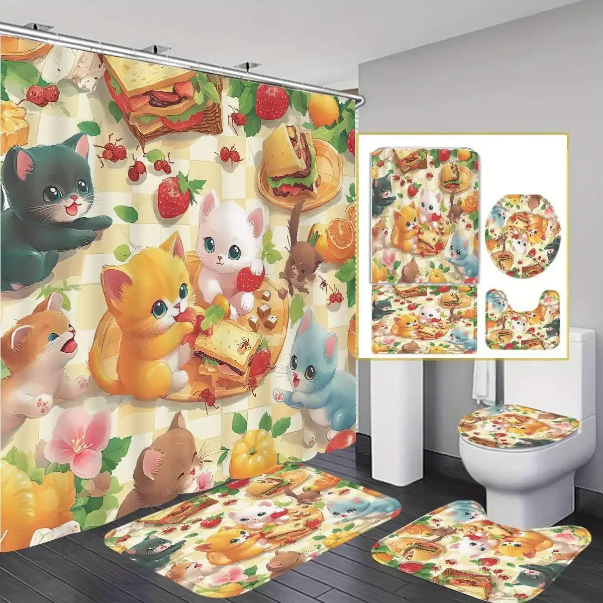 

Cute cat sandwich bathroom set: waterproof shower curtain, soft contour carpet, stylish toilet seat, non slip bathtub pad