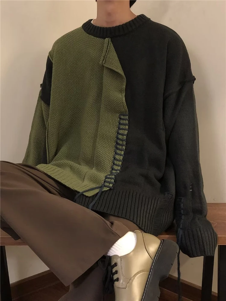 Sweater longgar pria gaya Jepang Streetwear Harajuku warna kontras padat harian Remaja Kebugaran populer pakaian rajut O-neck Chic