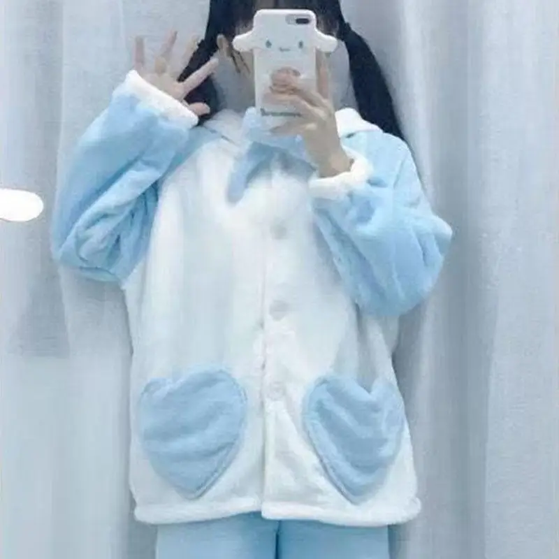 2Pcs Sanrios Cinnamoroll Pajamas Suit Women\'s Winter Thickened Coral Velvet Cute Kuromi Cartoon Warm Nightgown Soft Home Clothes