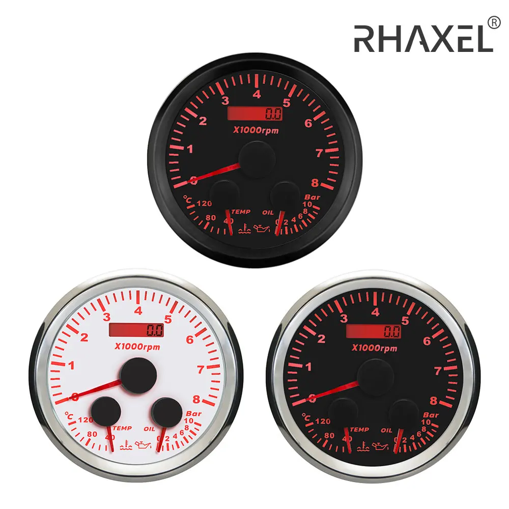 

RHAXEL 85mm Tachometer 8000RPM with Hour Meter Water Temp Oil Pressure 0-80Psi 100-250℉ 12V Red Backlight for Auto Car Boat