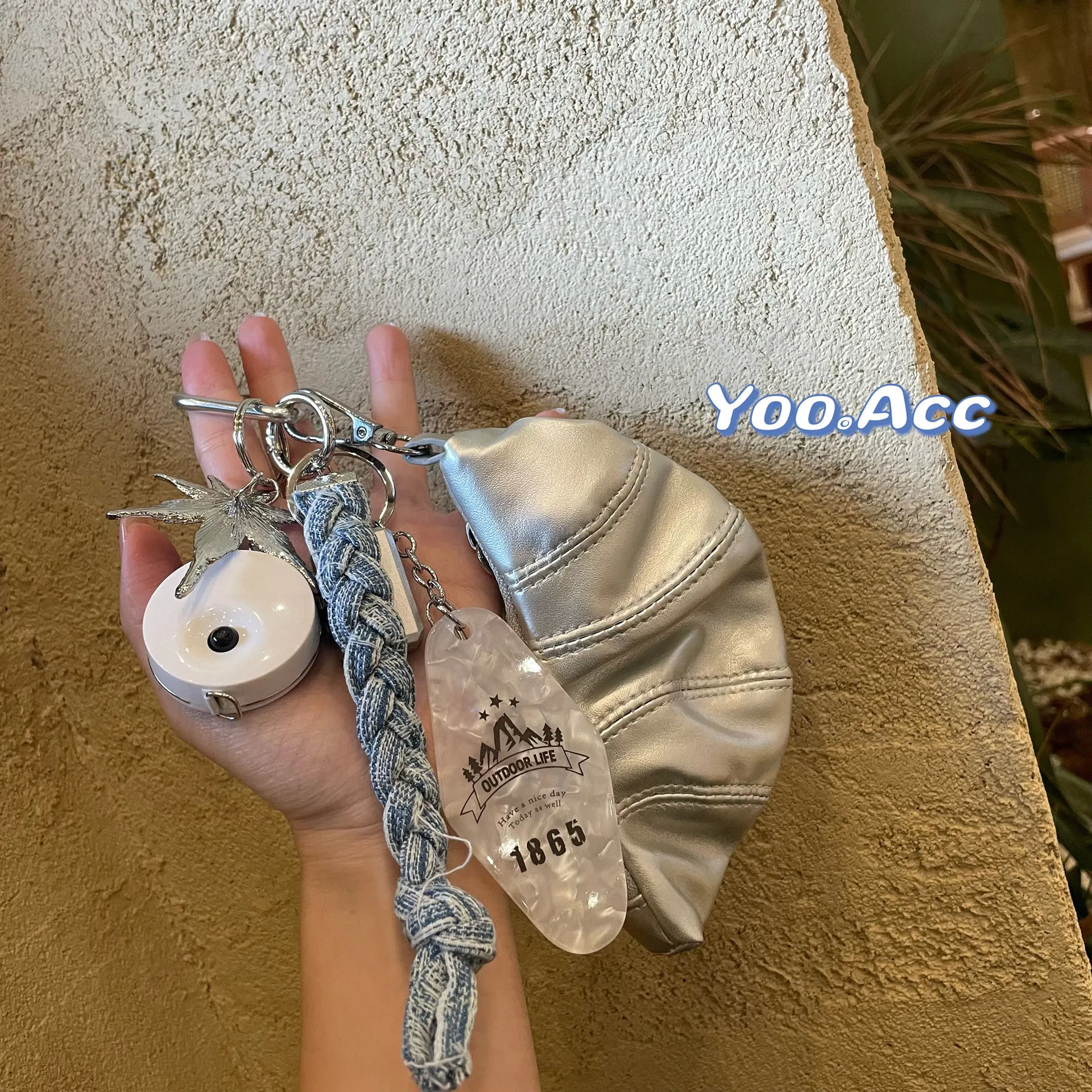 

Sweet Cool Girl Croissant Key Chain tape measure Pendant Hand woven rope Backpack ornament