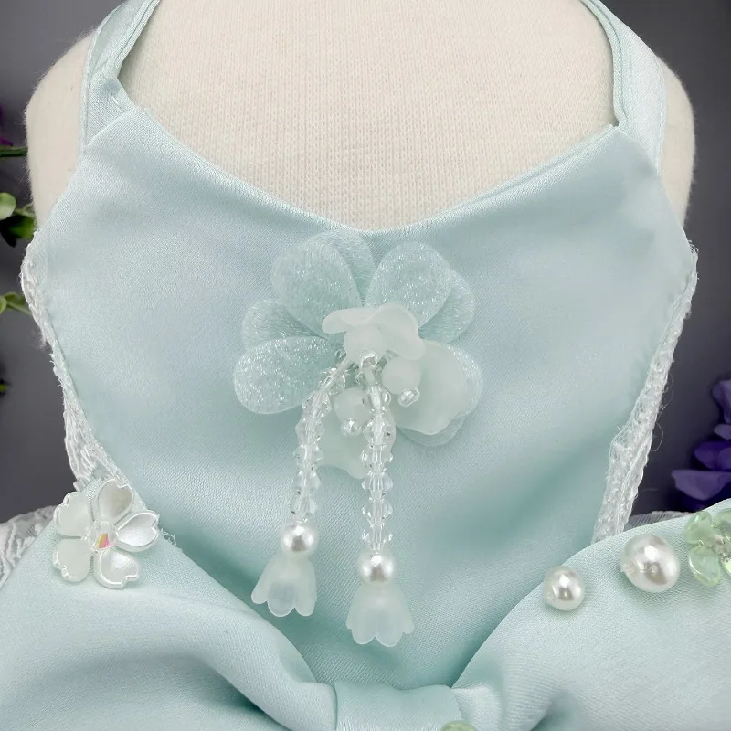 Floral Print Lace Halter Pet Princess Dress Pearl Bow Ruffled Mesh Hem Hollow Back Design for Dogs Cats Party Outfit Apparel