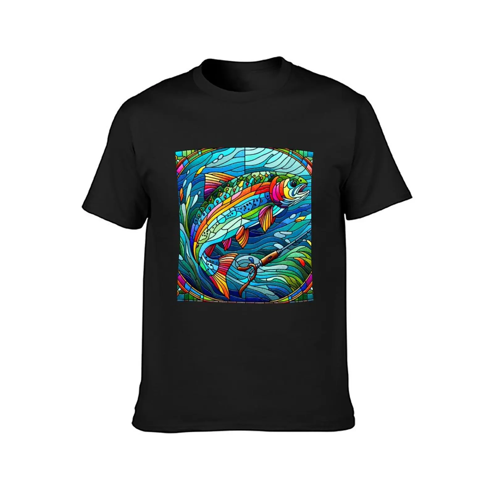 Stained Glass Rainbow Trout with Fishing Pole T-Shirt summer top customizeds quick drying Aesthetic clothing mens workout shirts