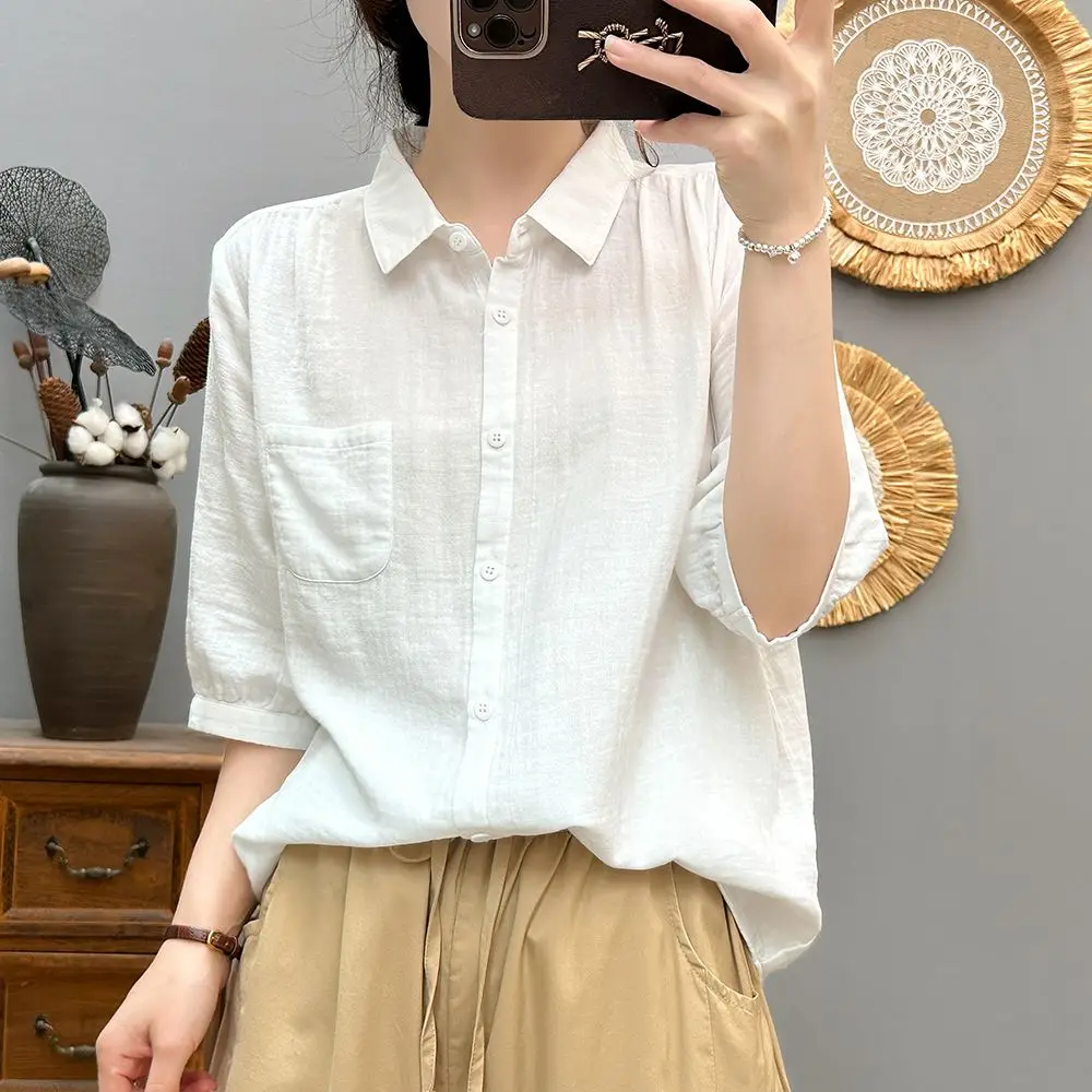 

Cotton Summer New Arrival Double Layer Cotton Yarn Casual Shirt Short Sleeve Loose Mid Sleeve Top