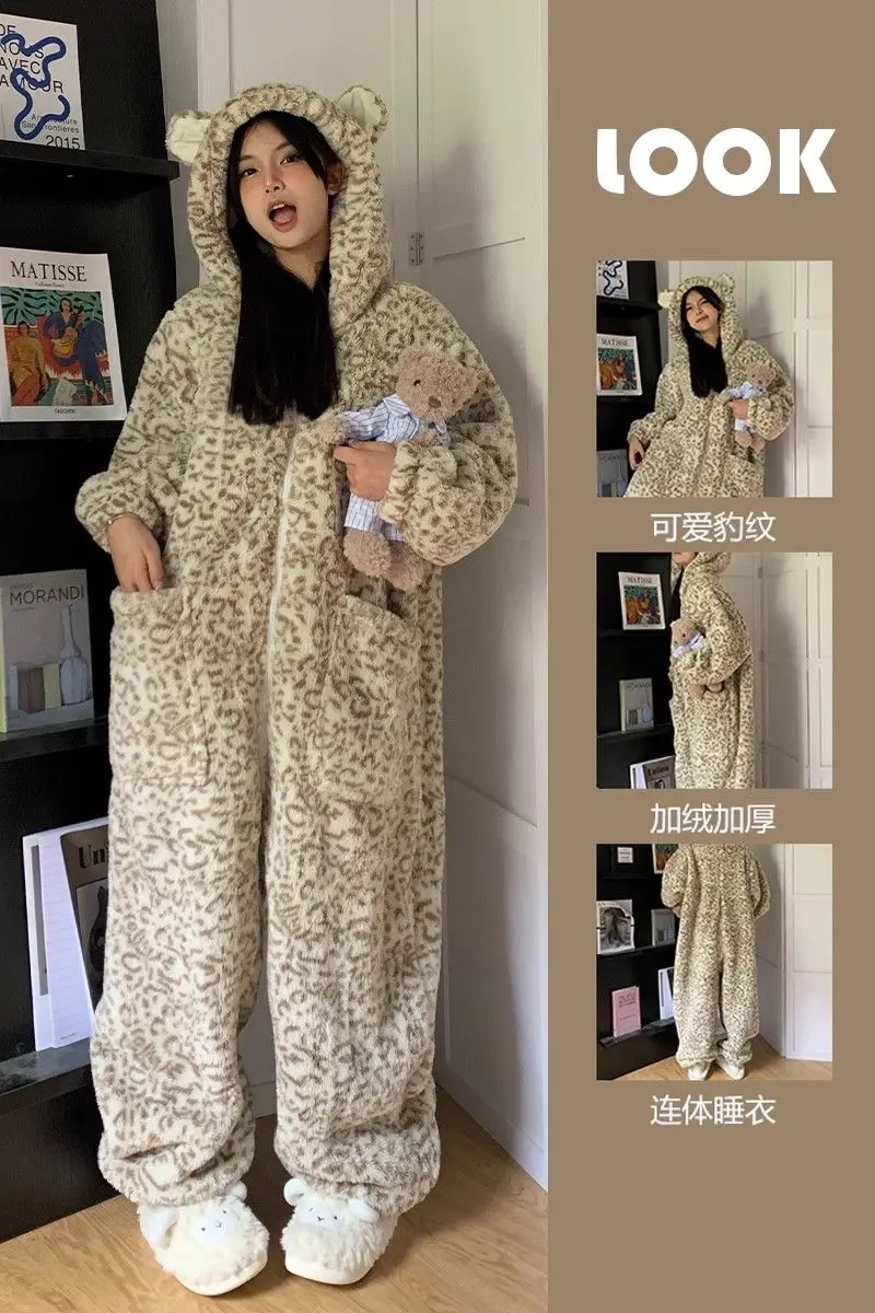 Leopard Hooded Pyjamas Animal Adult Onesies for Women Winter Pajamas Stitch Sleepwear Flannel Pijamas Pochets Overall Sets